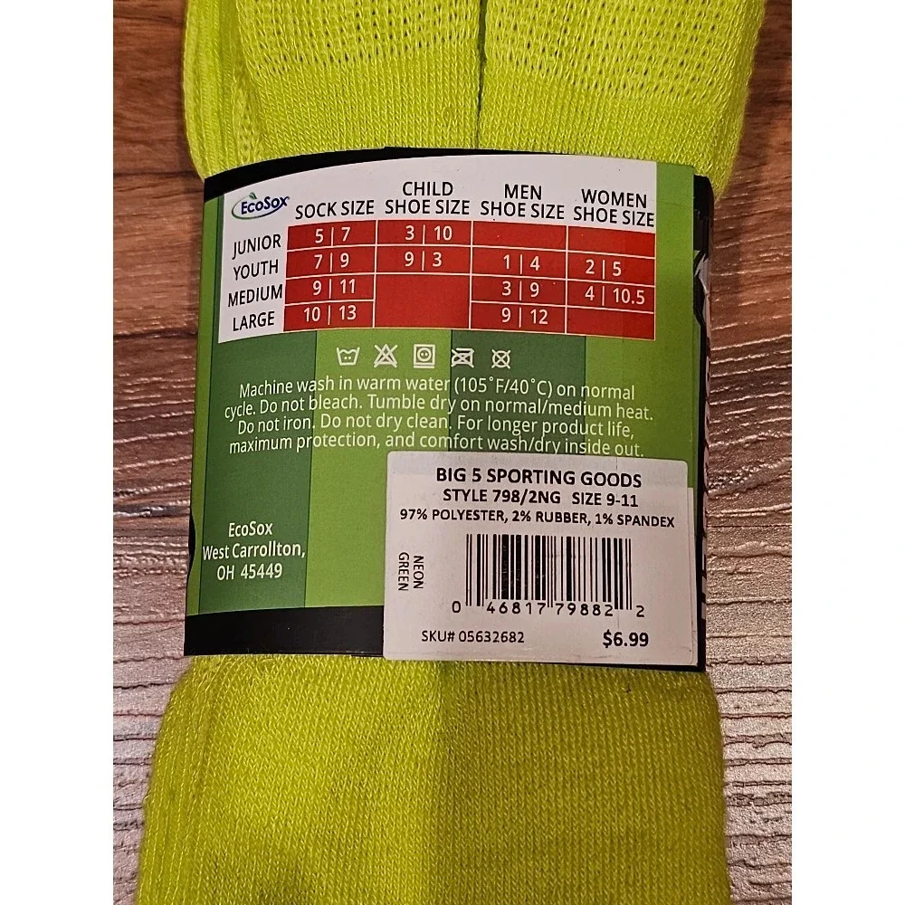 EcoSox Premier Soccer Socks - 2 Pack, Neon Green, Size 9-11